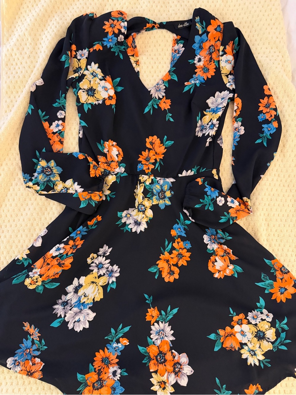 dee elle Black Floral Long-Sleeve A-Line Dress with Orange & Blue Blooms
